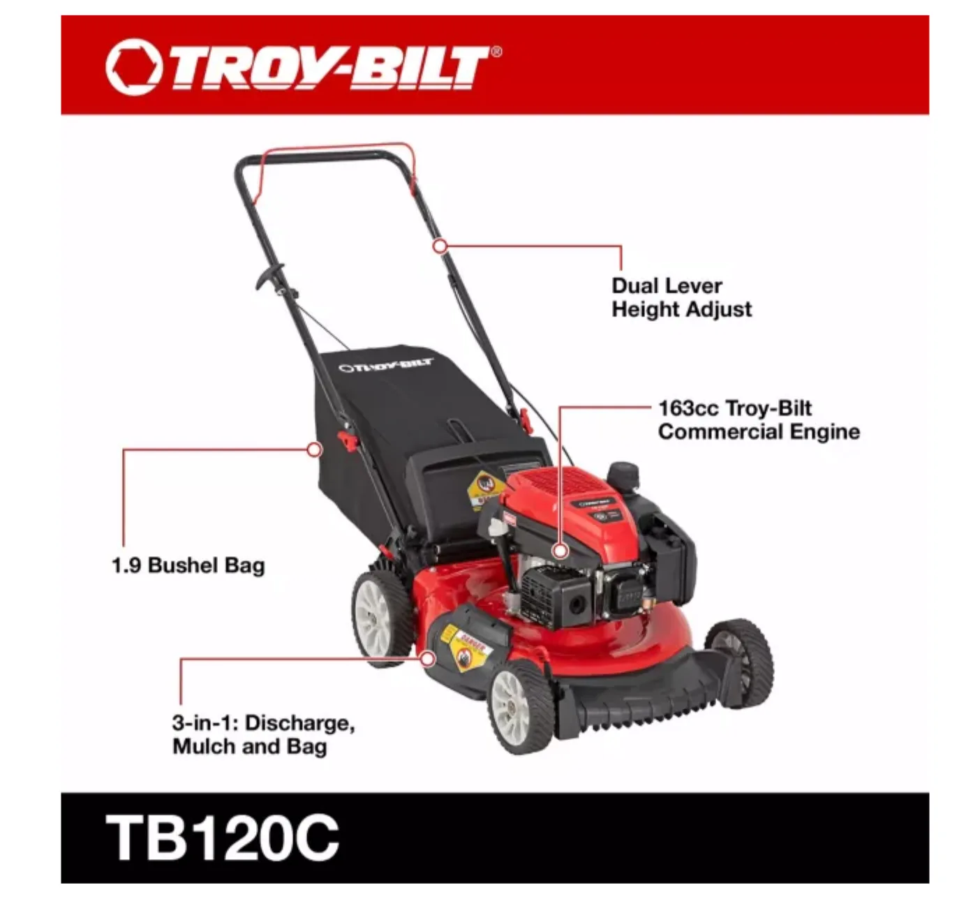 Restored Troy-Bilt TB120C | 21in 163cc Walk Behind Push Mower | 3-in-1 Deck (Refurbished)
