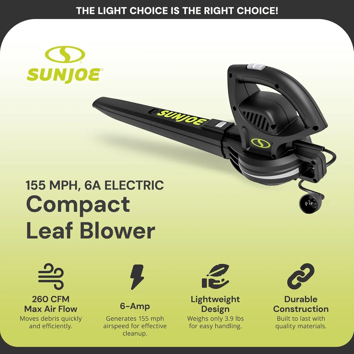 Restored Sun Joe SBJ597E | 6-Amp 155 MPH Electric Leaf Blower (Refurbished)