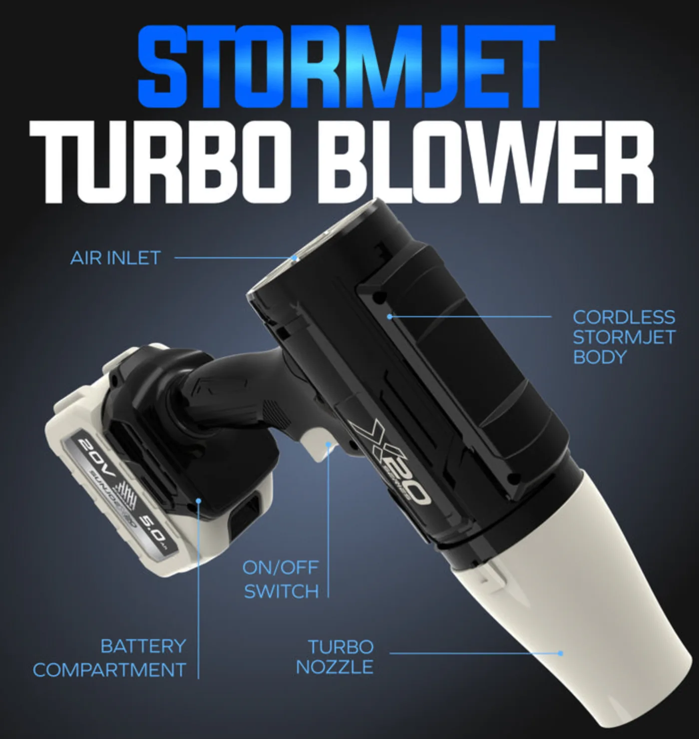 Sun Joe GO-SRMJET-5A-BLU | 20V Cordless X20 StormJet Handheld Turbo Blower | 40 CFM | 5.0-Ah Battery + Charger (Blue) (Open Box) | In-Store Exclusive