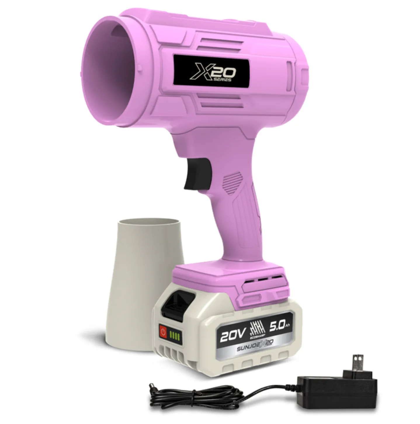 Sun Joe GO-SRMJET-5A-PNK | 20V Cordless X20 StormJet Handheld Turbo Blower | 40 CFM | 5.0Ah Battery + Charger (Pink) (Open Box) | In-Store Exclusive