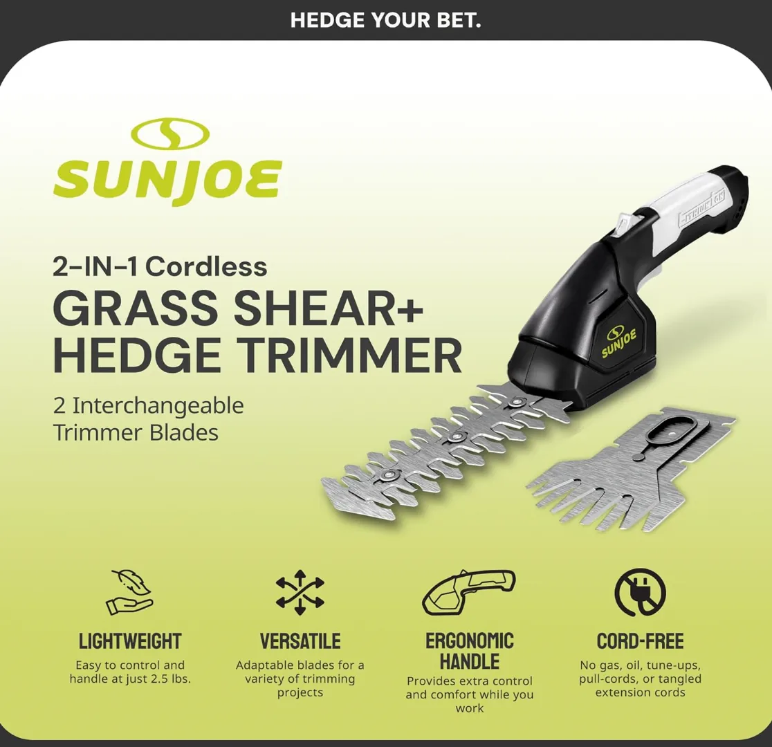 Restored Sun Joe HJ604C 7.2-Volt 2-in-1 1250-RPM Cordless Grass Shear / Shrubber Handheld Trimmer, Rechargeable On-board Lithium-Ion Battery and Charger Included (Refurbished)