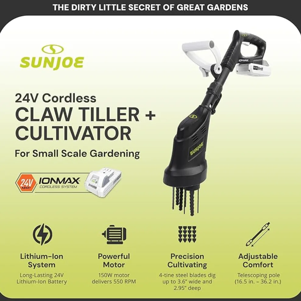Restored Sun Joe 24V 24V-CTLR-LTE | 2-in-1 Hand Held & Long Handle Tiller Cultivator (Refurbished)