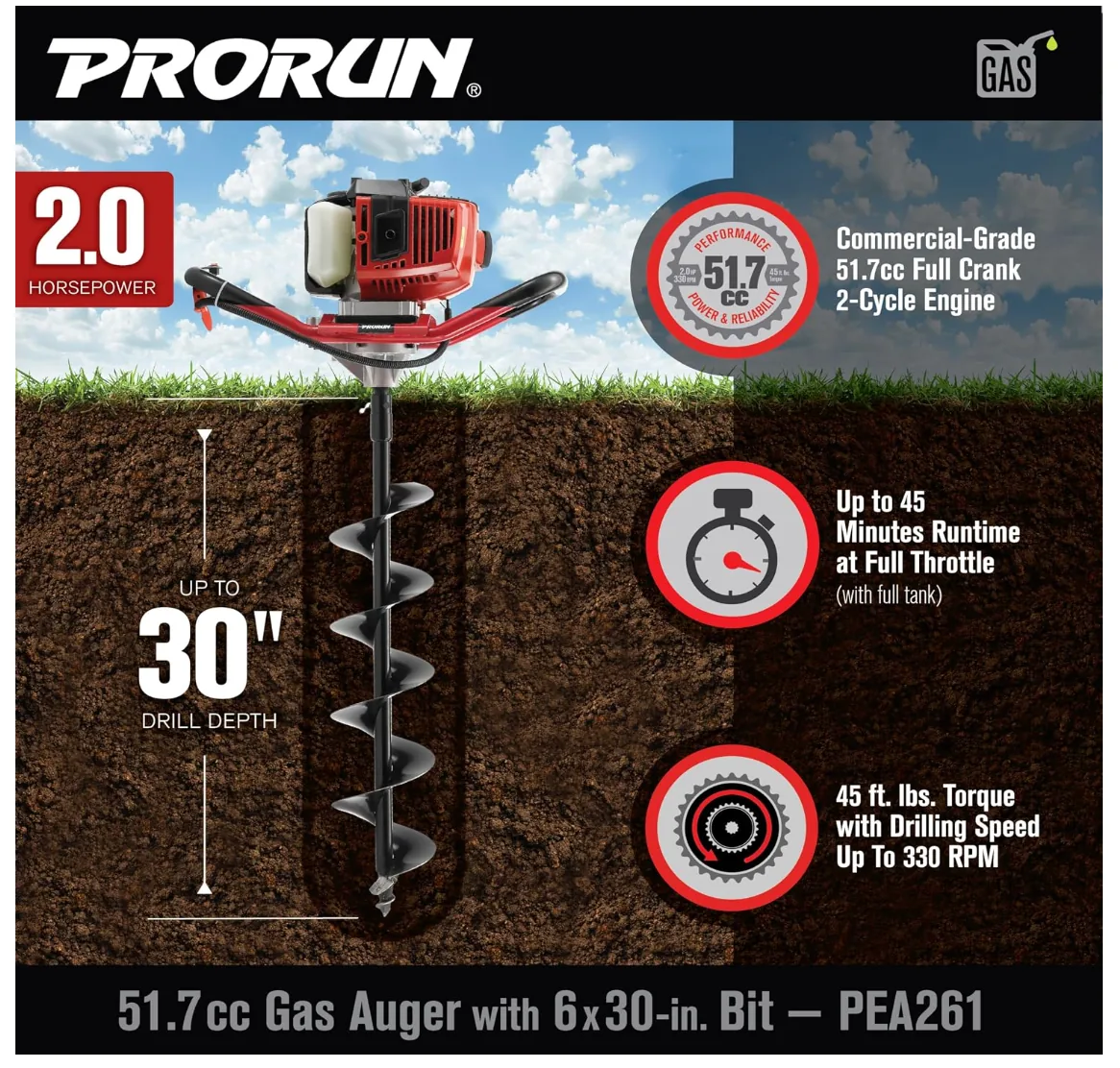 PRORUN PEA261 | 51.7cc One Person Gas-Powered Auger | 2-Cycle | With 6 x 30-in. Bit | In-Store Exclusive