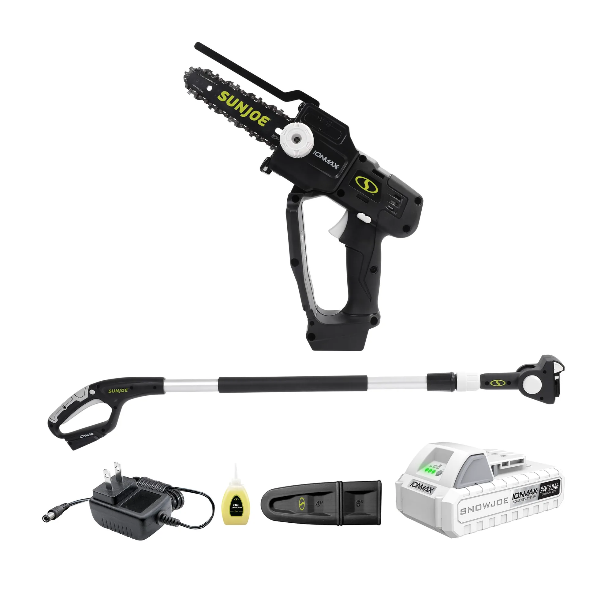 Restored Sun Joe 24V-HCSWP-6-LTE | 24V Cordless Telescoping Pole Pruning Saw Kit | 12 ft Reach | 4000 RPM | W/ 2.0-Ah Battery + Charger (Refurbished)