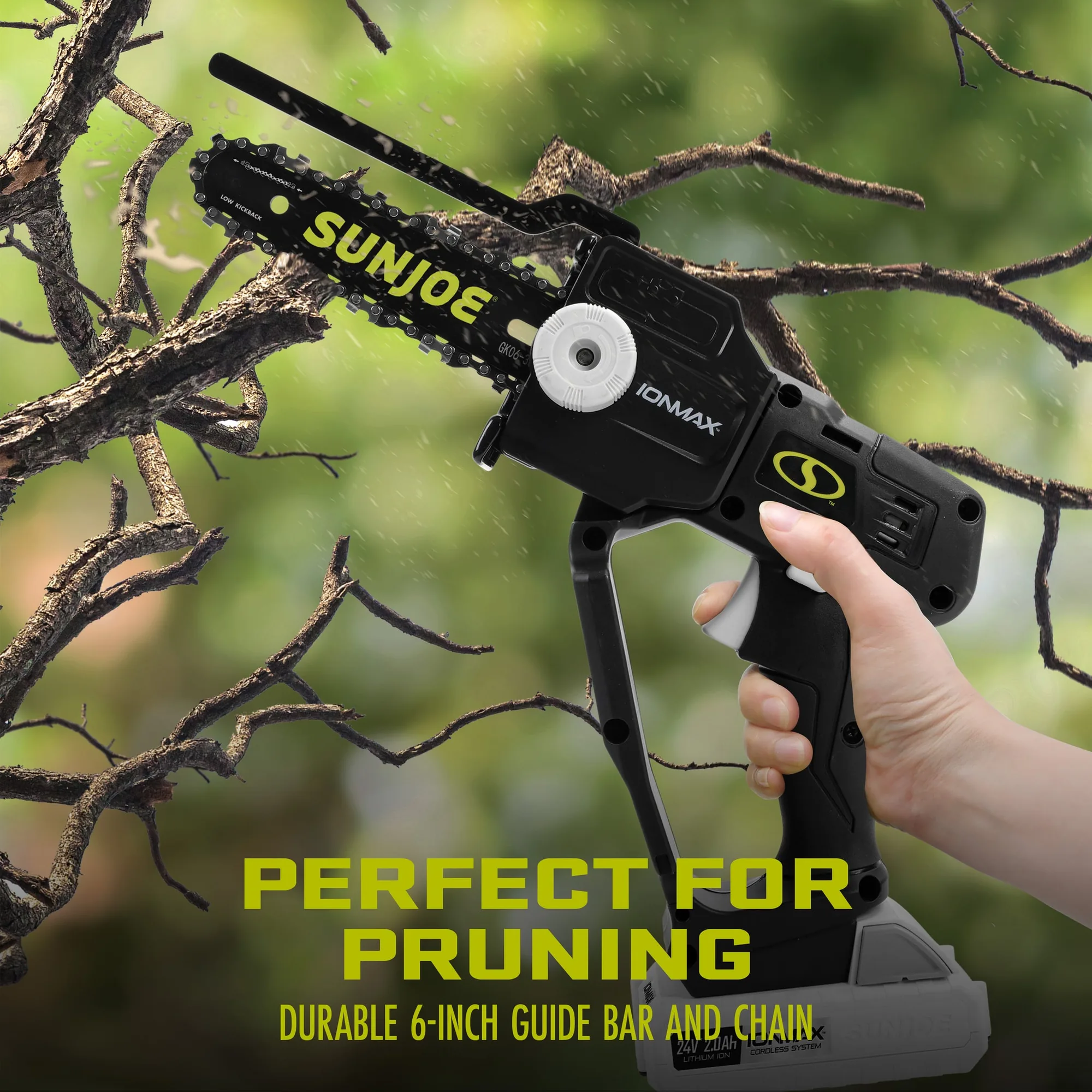 Restored Sun Joe 24V-HCSWP-6-LTE | 24V Cordless Telescoping Pole Pruning Saw Kit | 12 ft Reach | 4000 RPM | W/ 2.0-Ah Battery + Charger (Refurbished)