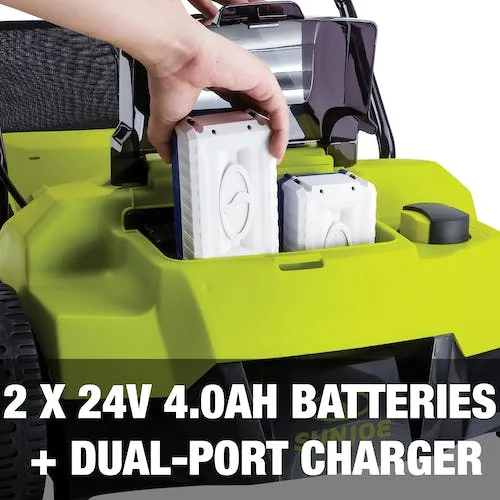 Restored Sun Joe 24V-X2-DTS15 Scarifier and Dethatcher Kit | 5-Depth Positions | 15-inch | Brushless Motor | (2) 24-V 4.0-Ah Batteries & Dual Port Charger (Refurbished)