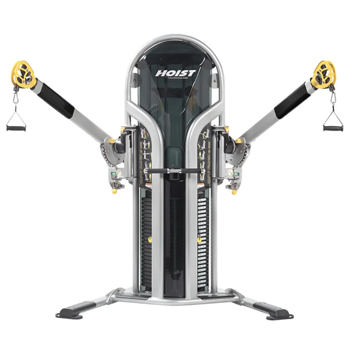 Hoist commercial trainer with dual weight stacks and strap handles