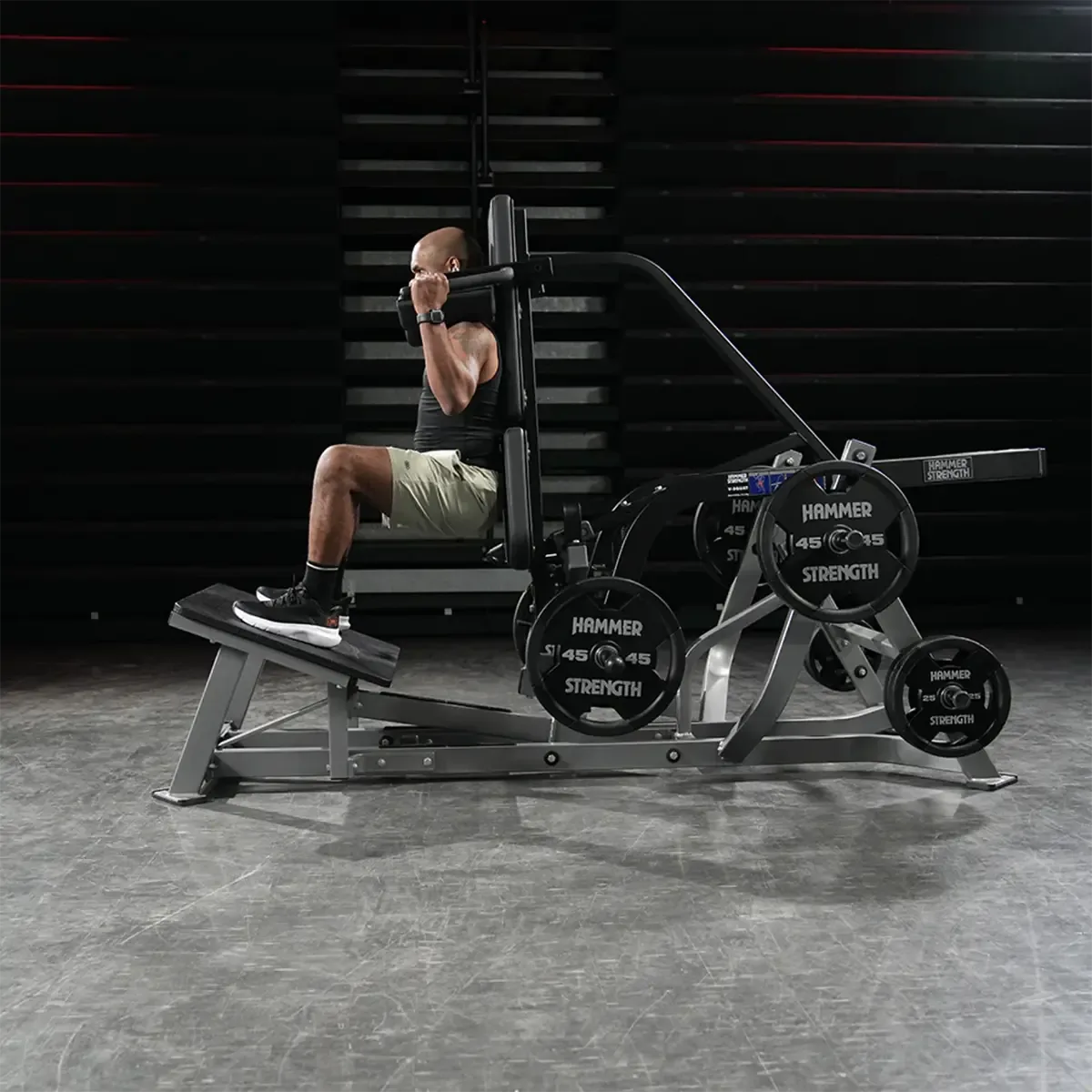Hammer Strength Plate-loaded V-Squat with non-slip platform and neutral-grip handles