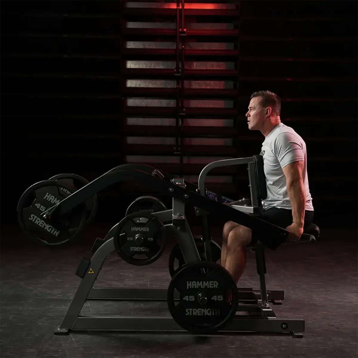 Hammer Strength Plate loaded seated dip with ergonomic handles and storage horns