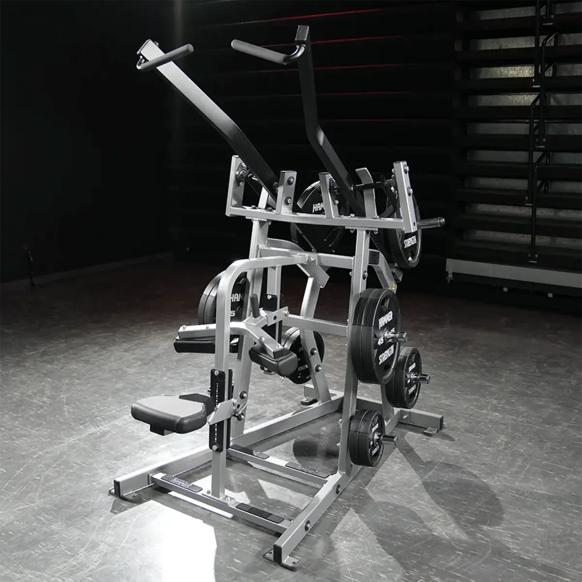 Hammer Strength Plate-loaded wide pulldown with underhand grip and stabilization handle