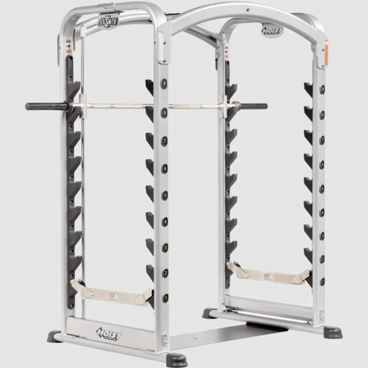 Dual action Smith machine with adjustable safety tiers