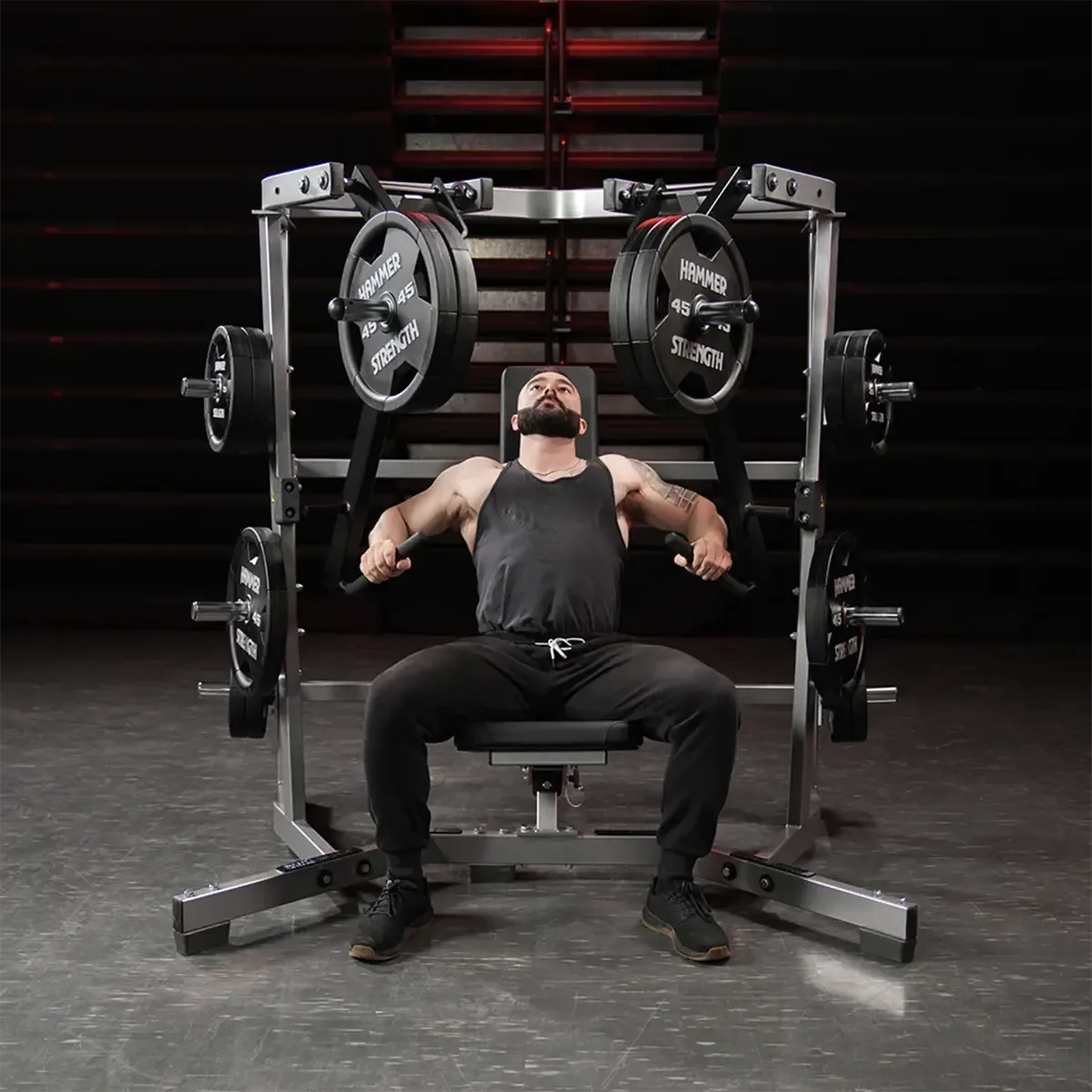 Hammer Strength Plate-loaded wide chest press with ergonomic handles and storage horns