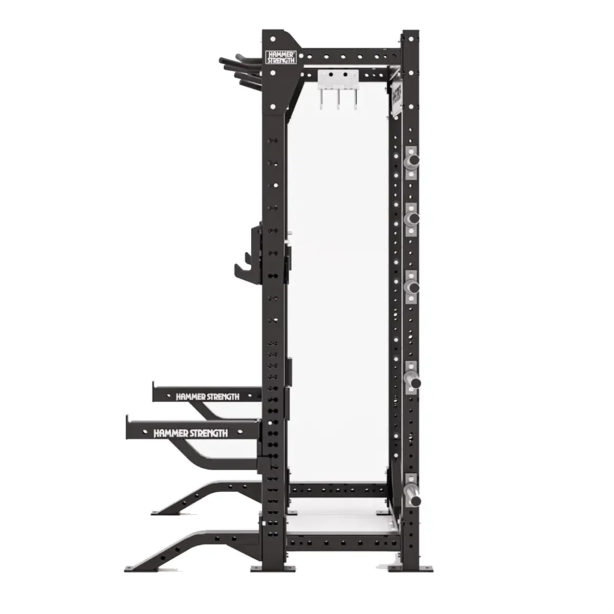 Compact commercial half rack with 3-handle pull-up bar and premium bar catches