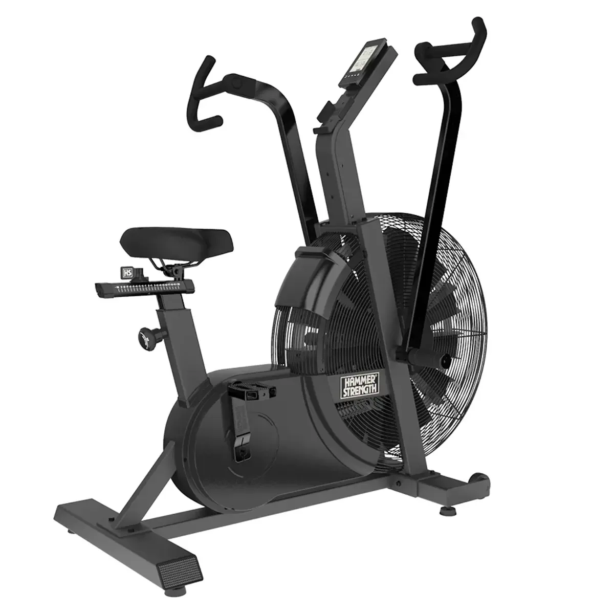 Side view of HD Air Bike with phone holder and transport wheels