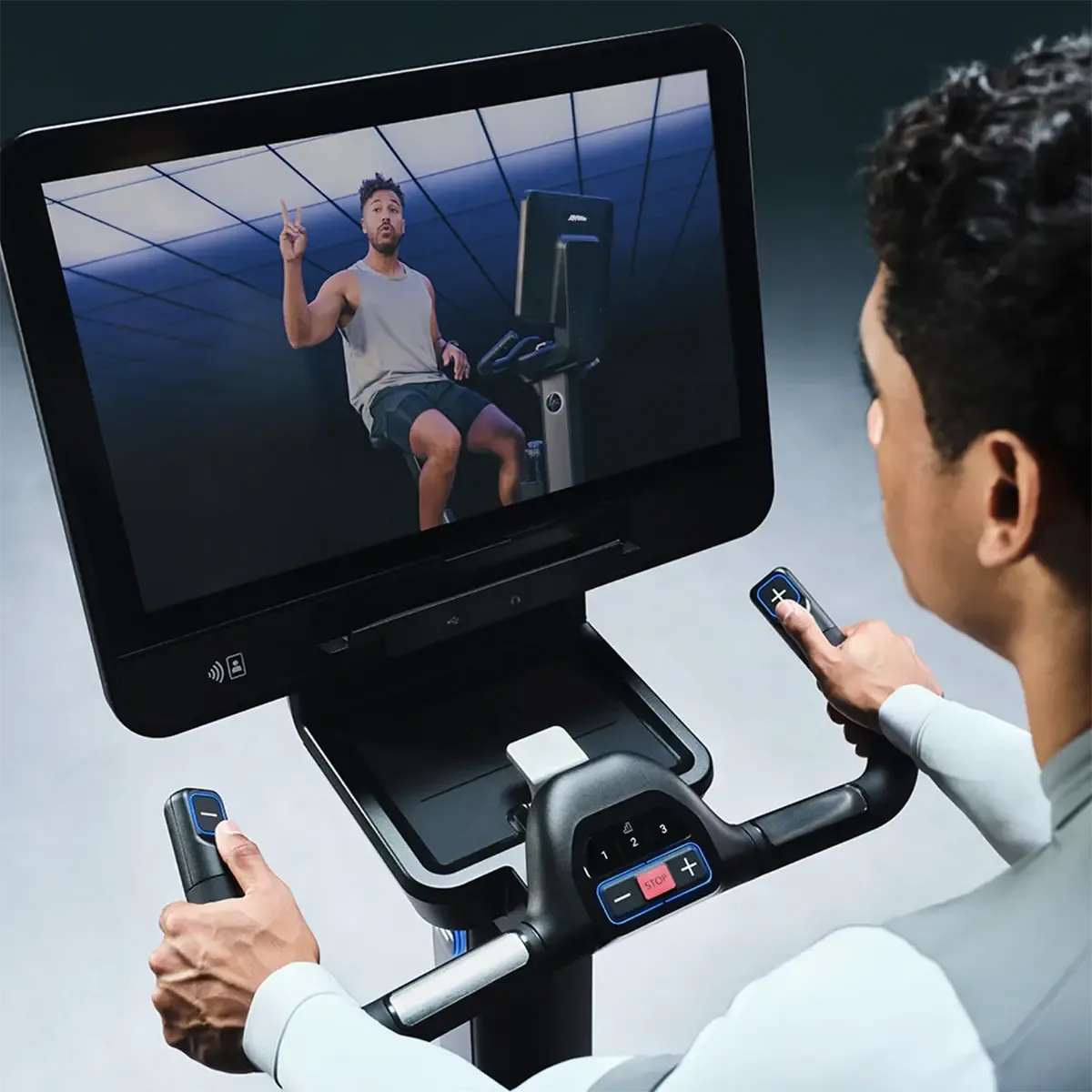 Front angle view of Life Fitness home cycle with dual performance pedals