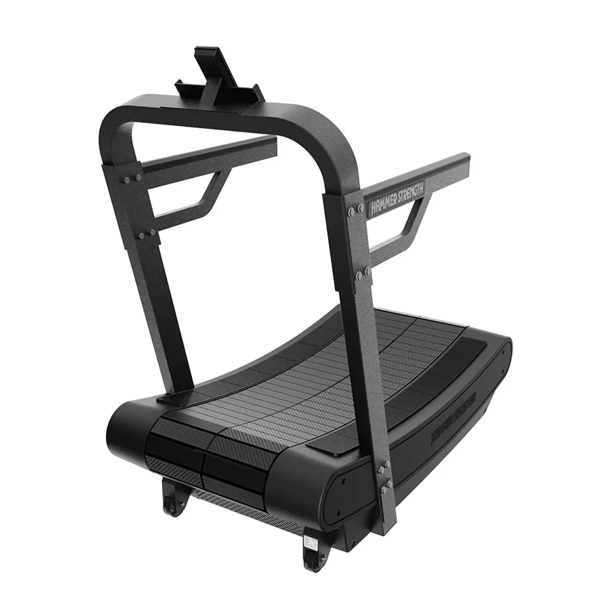 Side view of HD Tread treadmill with phone holder and transport wheels