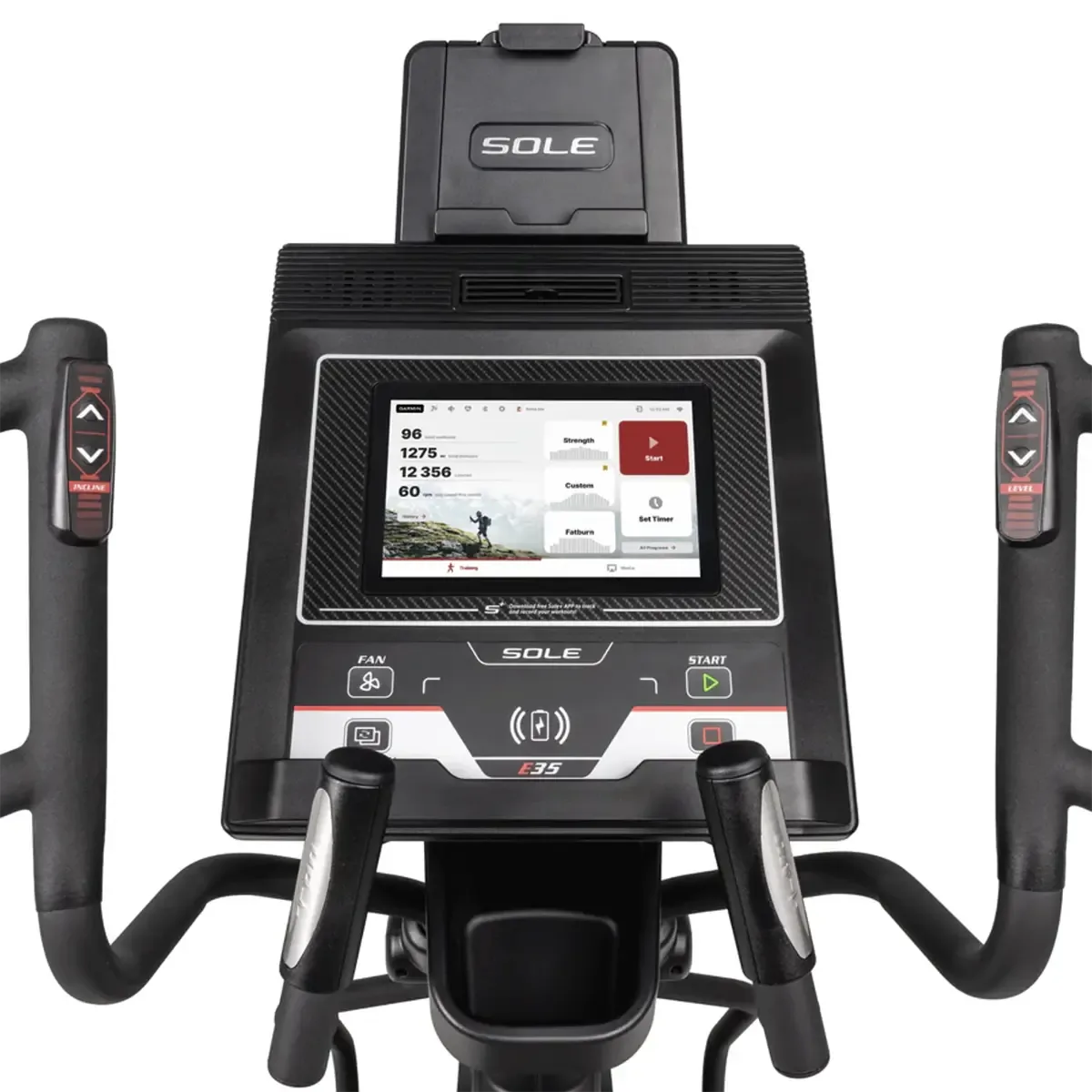 SOLE E35 Home elliptical machine with WiFi, Bluetooth speakers, and reading rack