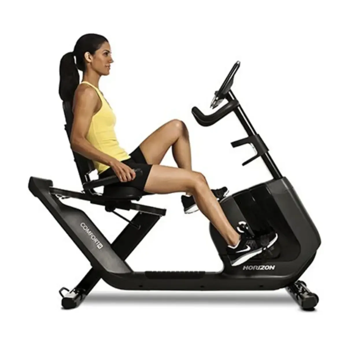 Recumbent home cardio bike with lumbar support seat and magnetic resistance