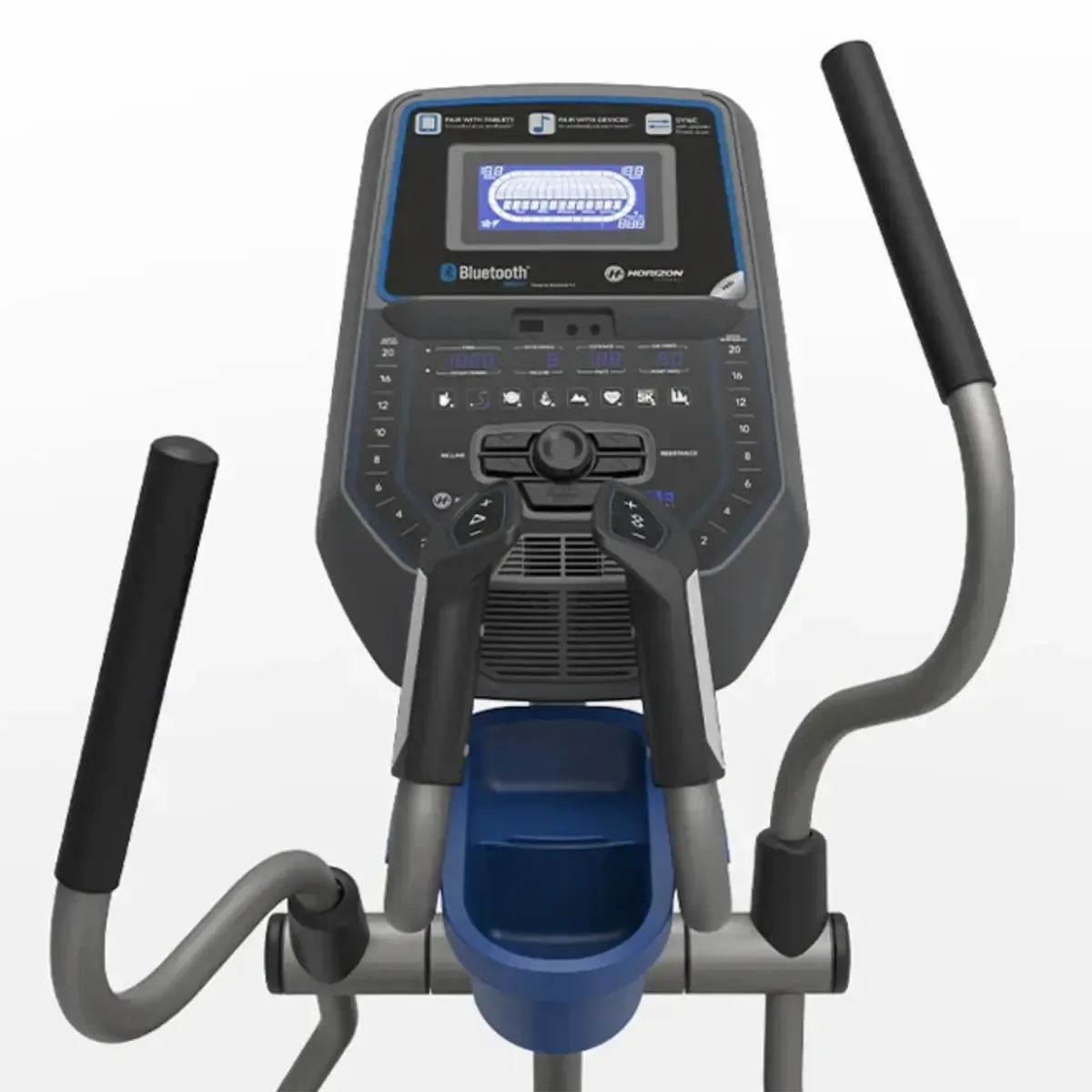 Elliptical trainer with 23 lb flywheel, tablet rack, and magnetic resistance