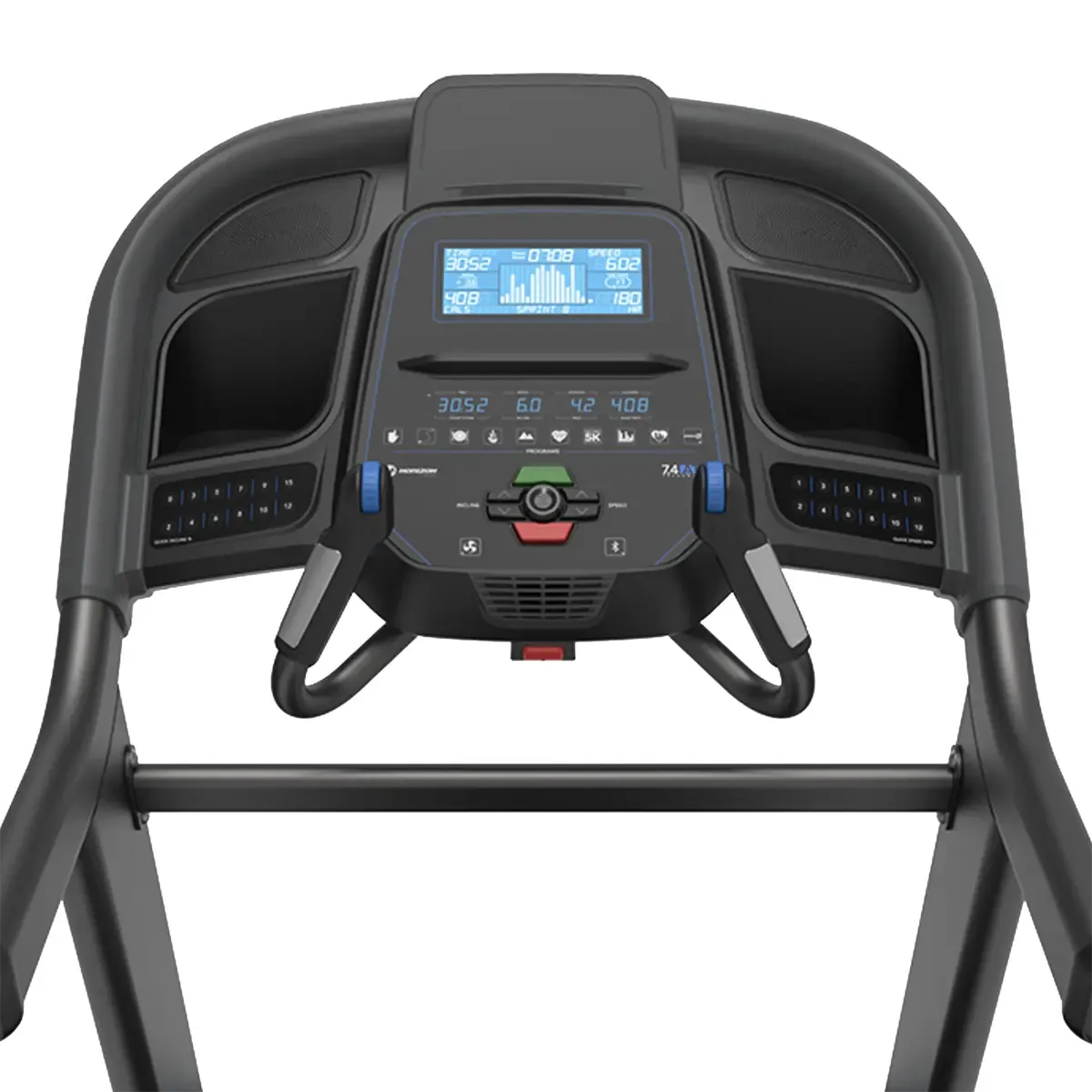 Horizon 7.4 AT Home treadmill with LCD display, heart rate strap, and app connectivity