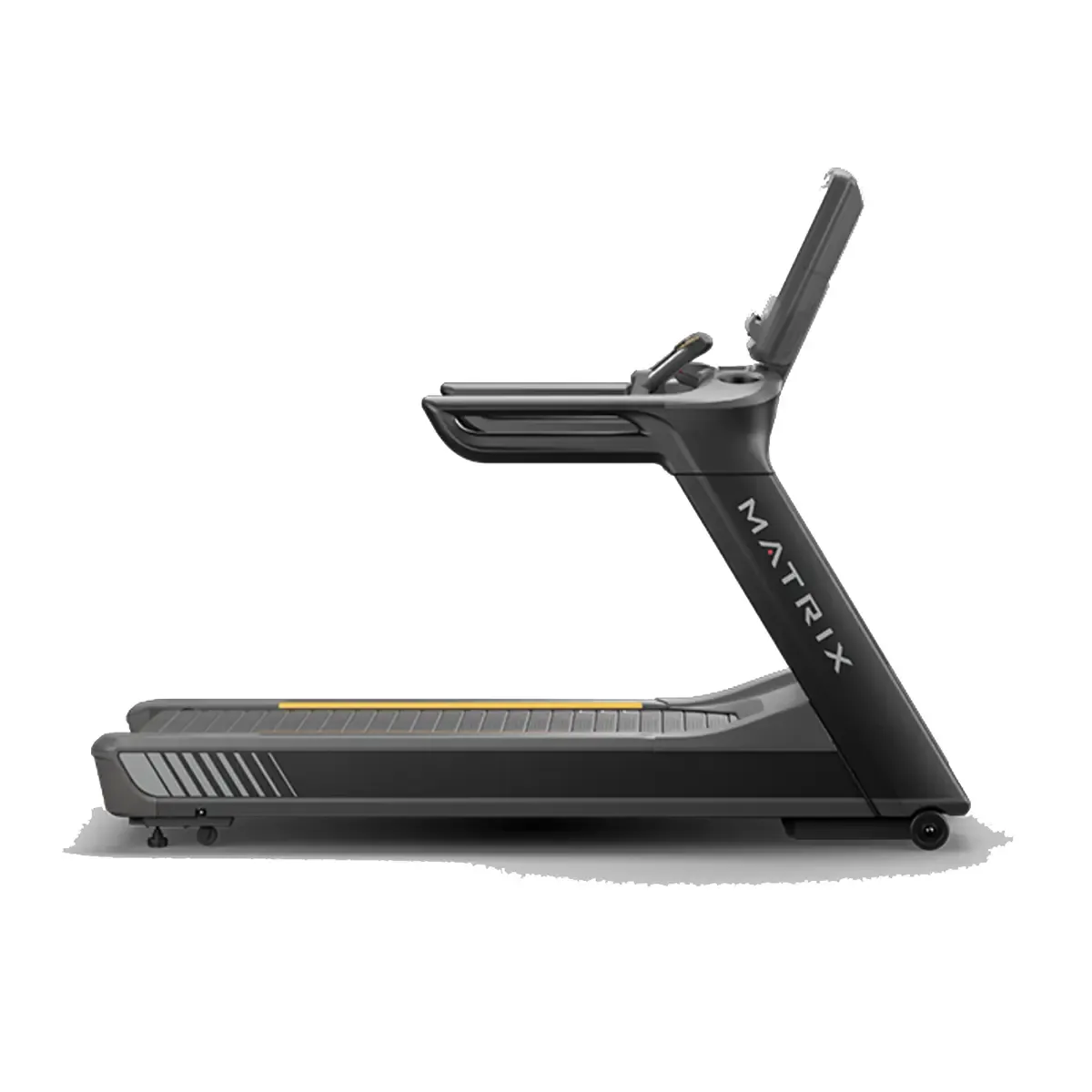 Matrix commercial treadmill with slat-belt running surface