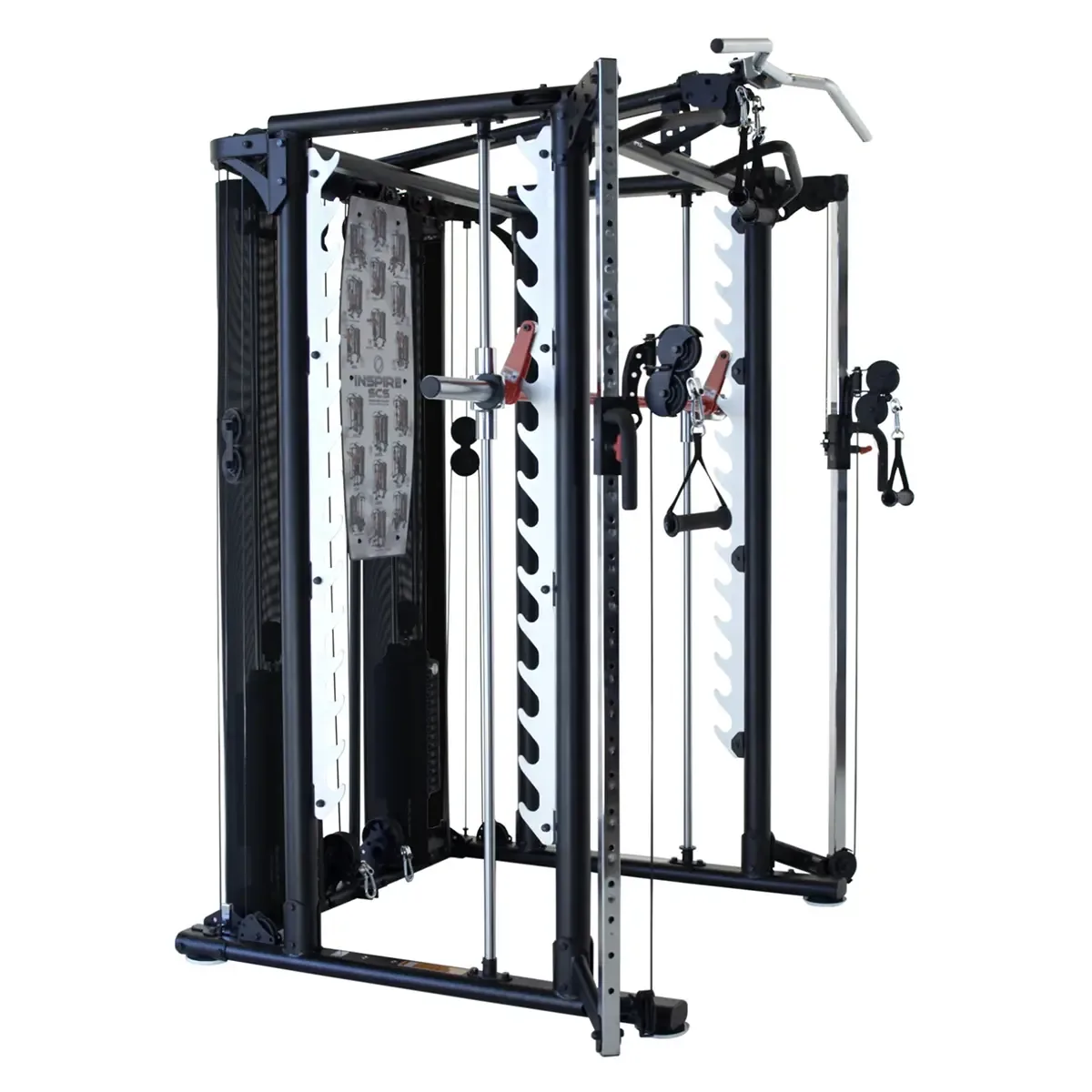 Inspire Fitness Smith Cage System Heavy-duty home gym with Smith bar, free weight bar rack, and dual weight stacks