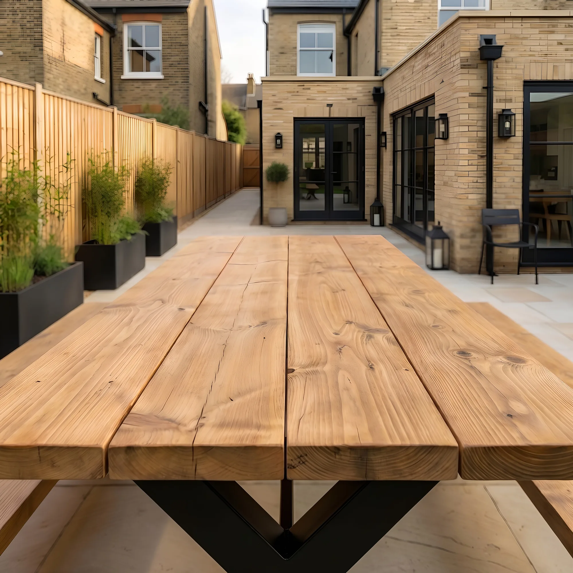 Outdoor Farmhouse Dining Table With Bench and Black Metal Cross Legs
