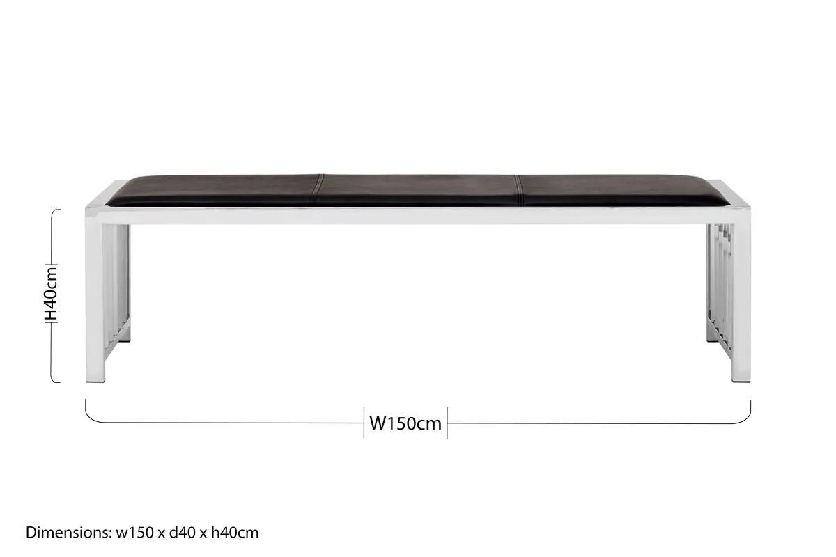 Novara Black Leather Bench With Stainless Steel Frame
