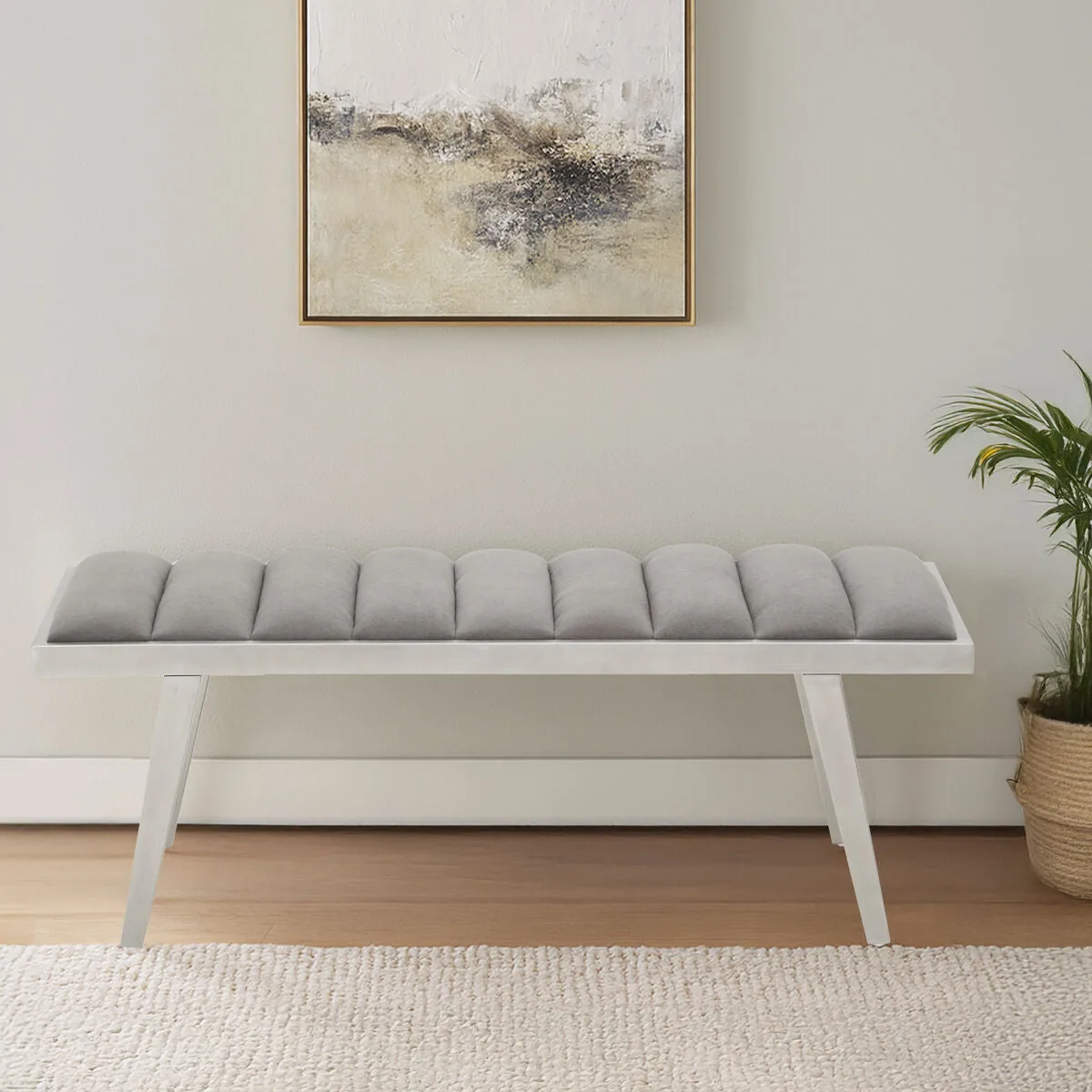 Gilden Grey Velvet Bench With Brused Silver Frame