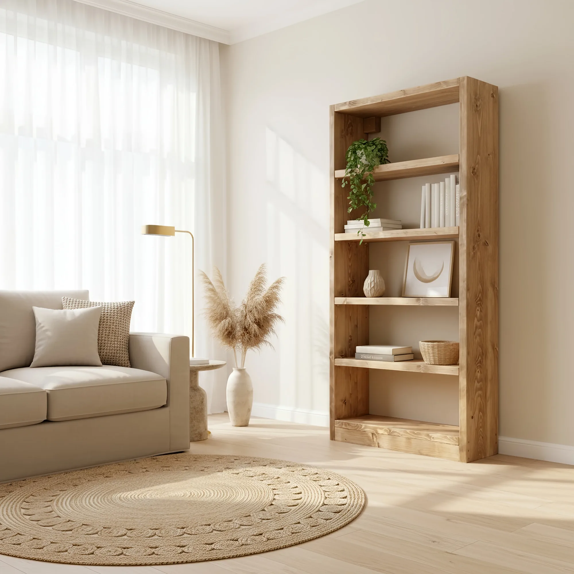 Solid Wood Bookshelf – Natural Finish Open Bookcase, Rustic Scandinavian Design