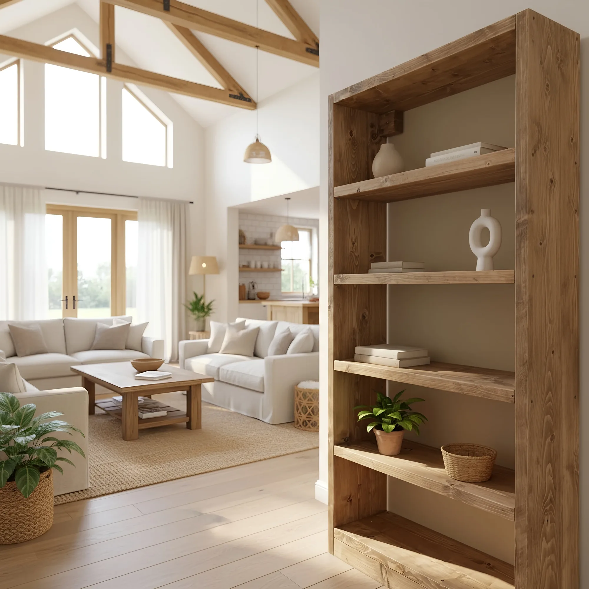 Solid Wood Bookshelf – Natural Finish Open Bookcase, Rustic Scandinavian Design