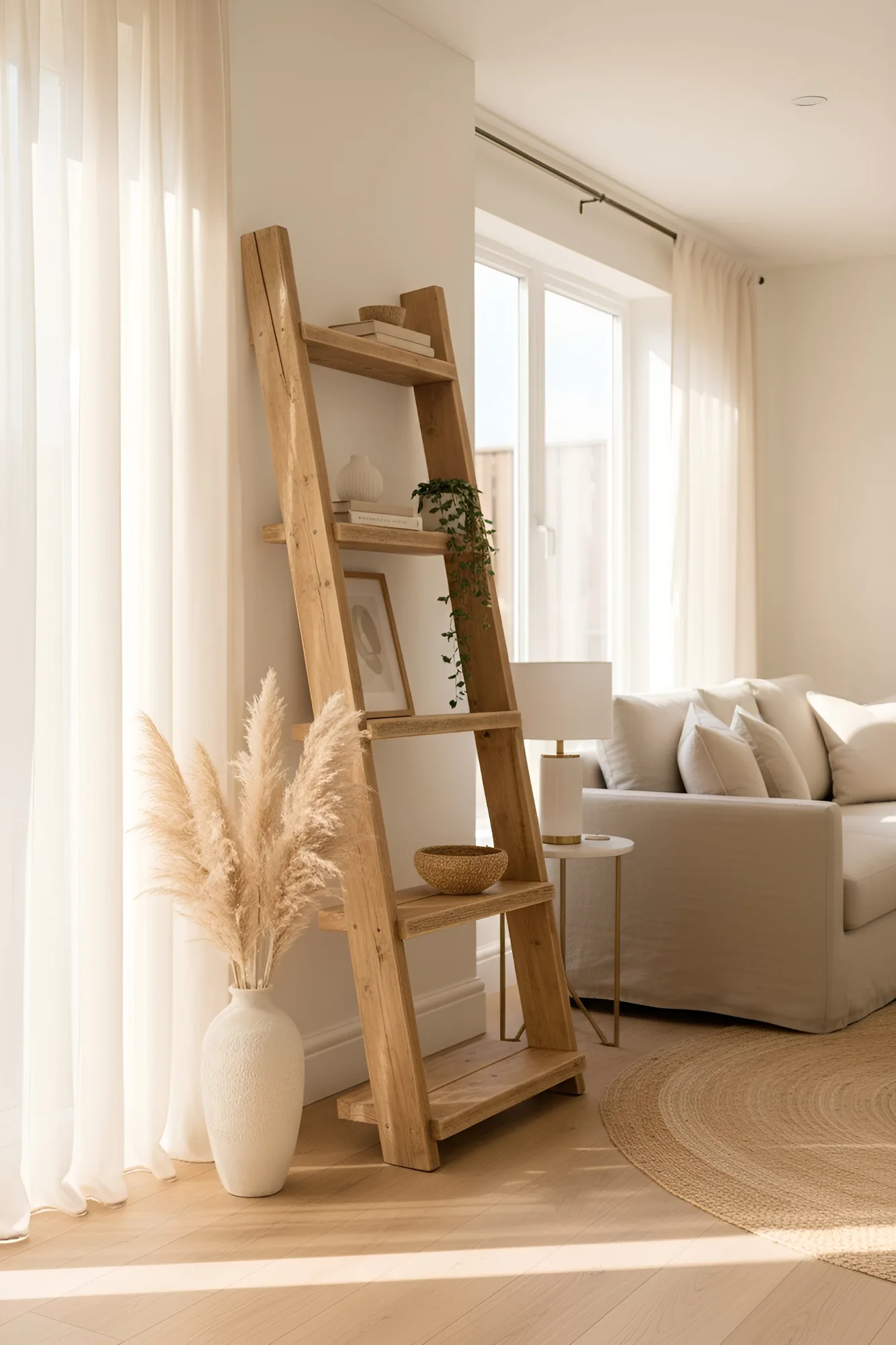 Ladder Solid Wood Bookshelf – Natural Finish Open Bookcase, Rustic Scandinavian Design