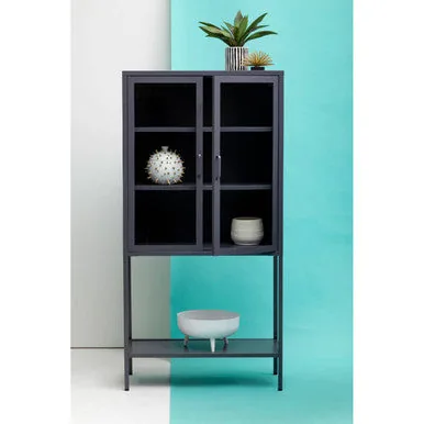 Acier Two Door Grey Metal Cabinet With Glass Doors