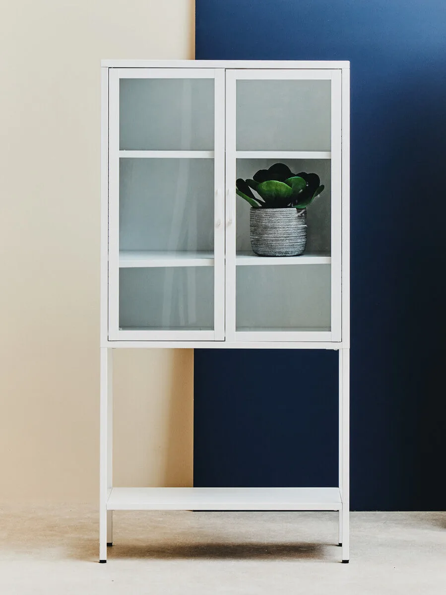 Acier Two Door White Metal Cabinet With Glass Doors