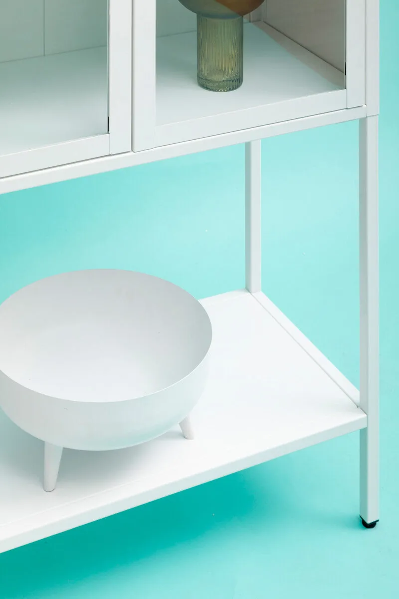Acier Two Door White Metal Cabinet With Glass Doors