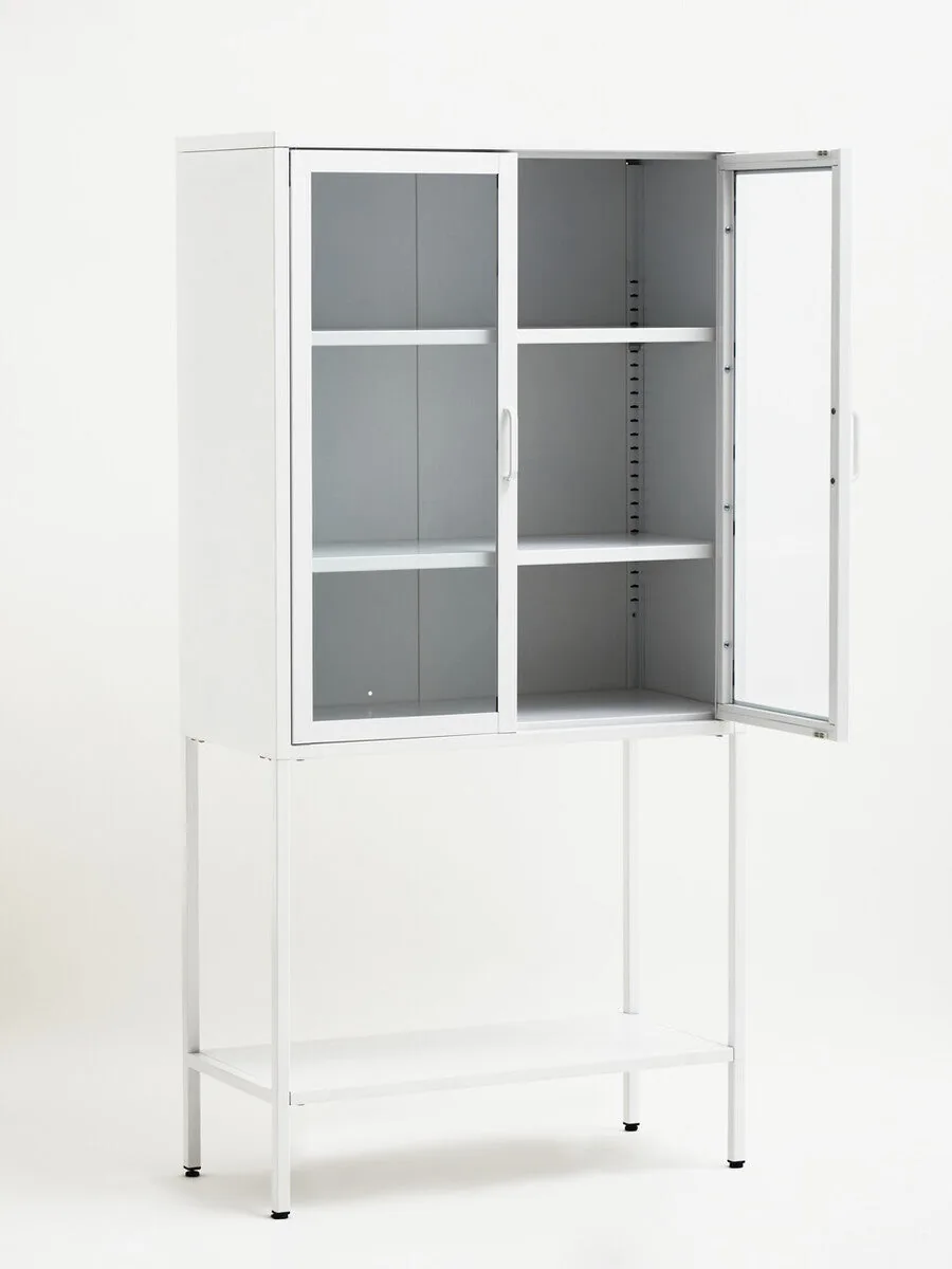 Acier Two Door White Metal Cabinet With Glass Doors