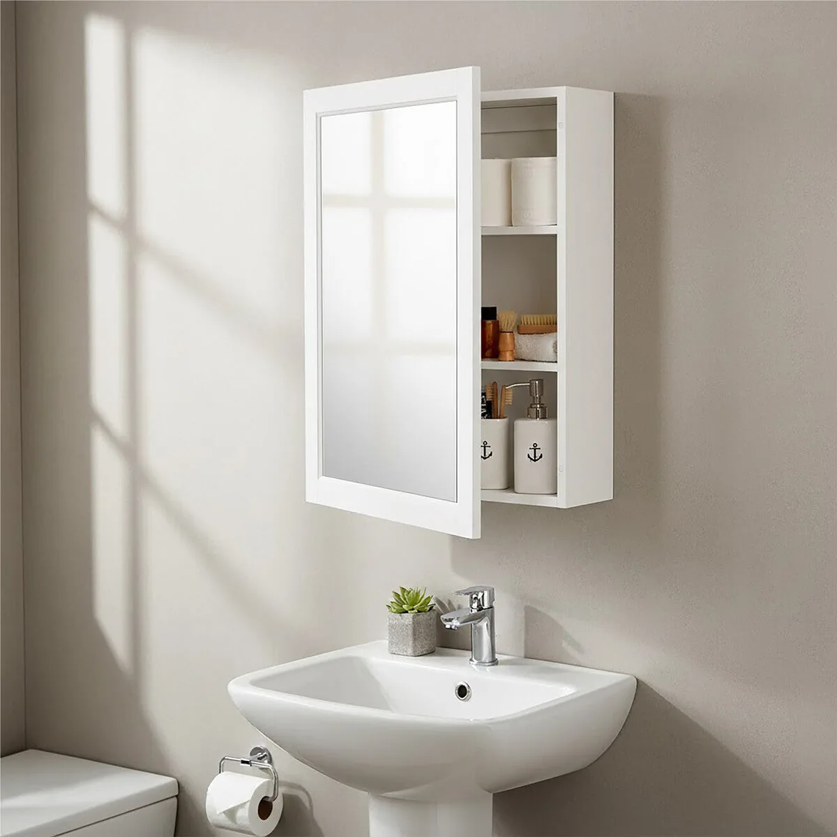Port Mirrored Wall Cabinet With 2 Inner Shelves