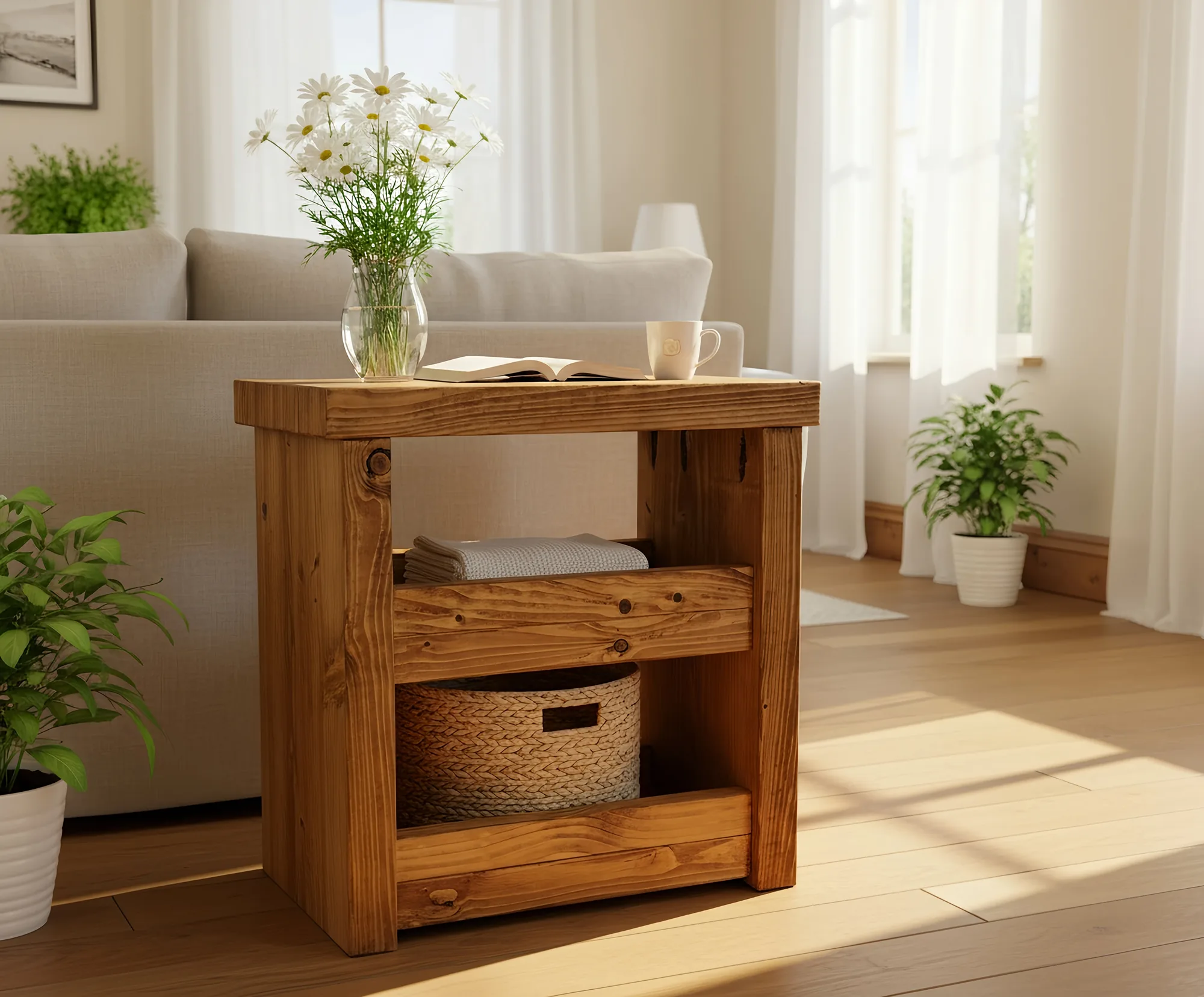 Solid Wood Rustic Coffee Table with Shelf