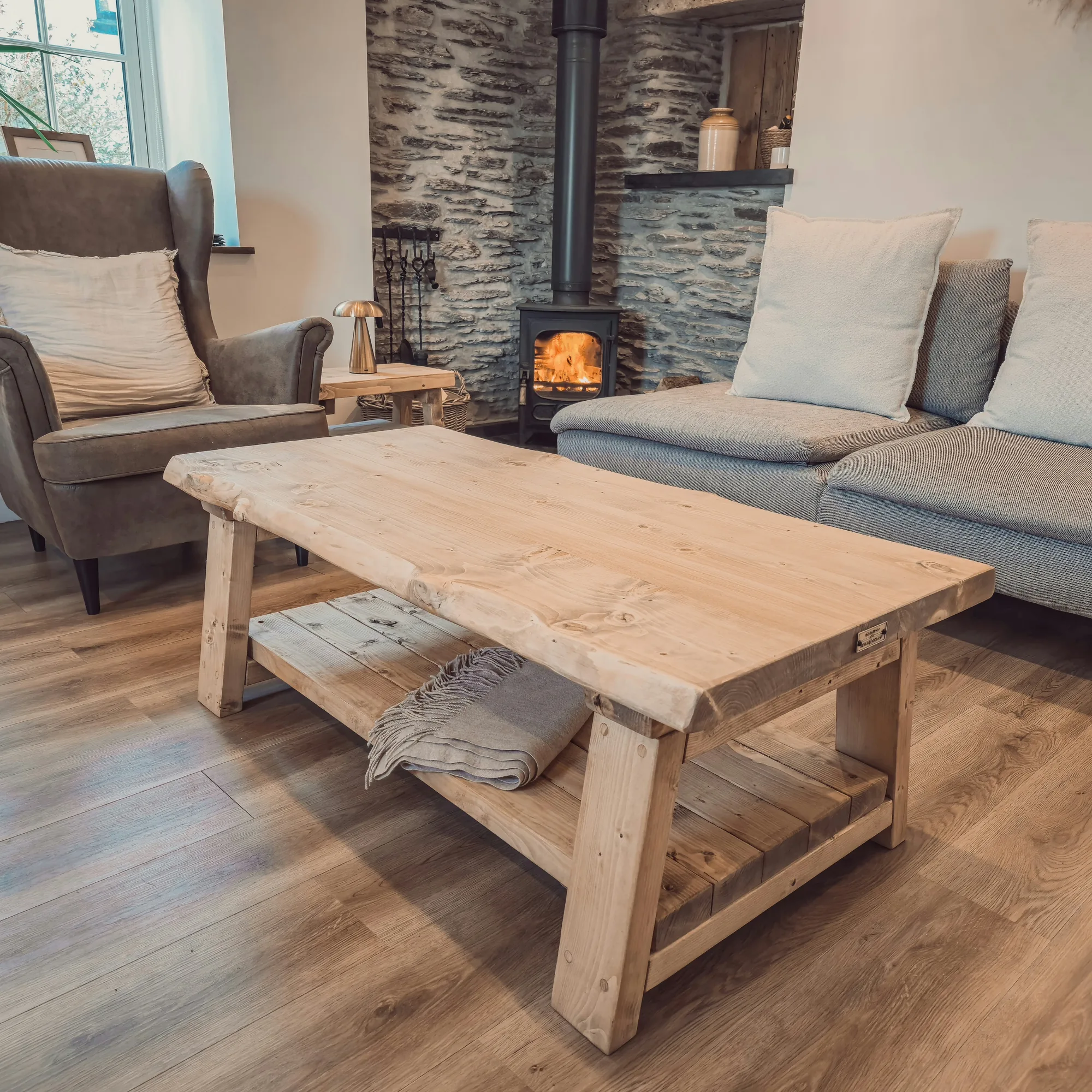 Cara Live Edge Rustic Wooden Coffee Table With Shelf