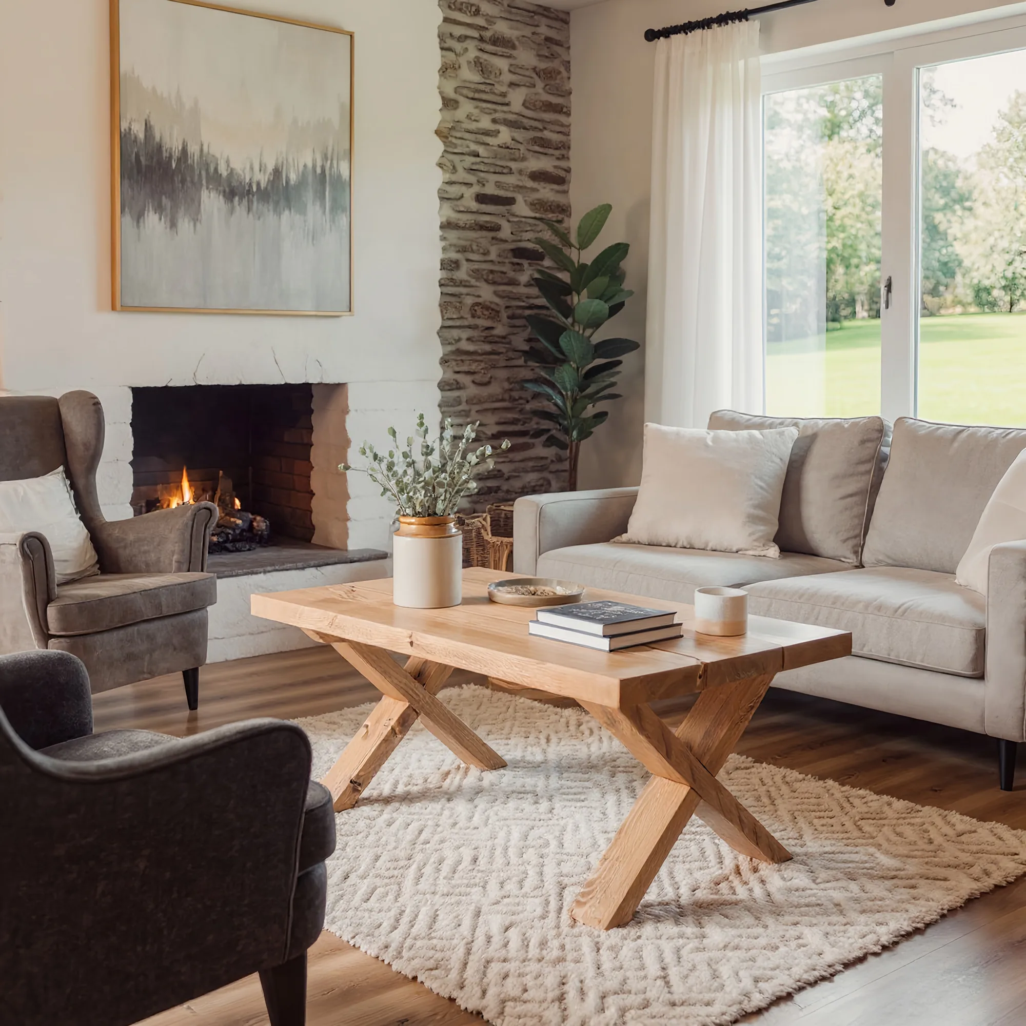 MAYA Solid Wood Cross Leg Farmhouse Coffee Table