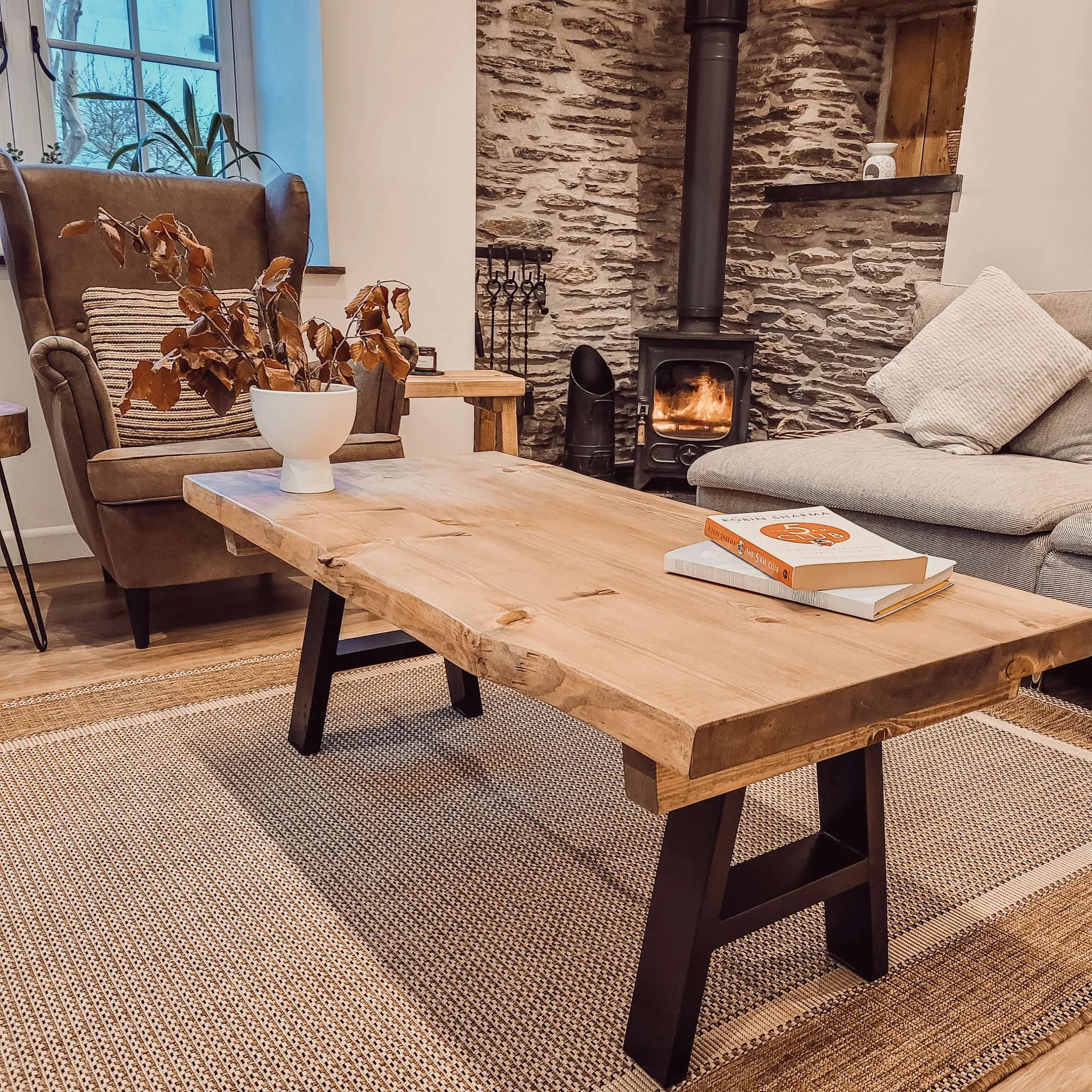 VELA Live / Waney Edge Coffee Table With Metal A Frame Legs