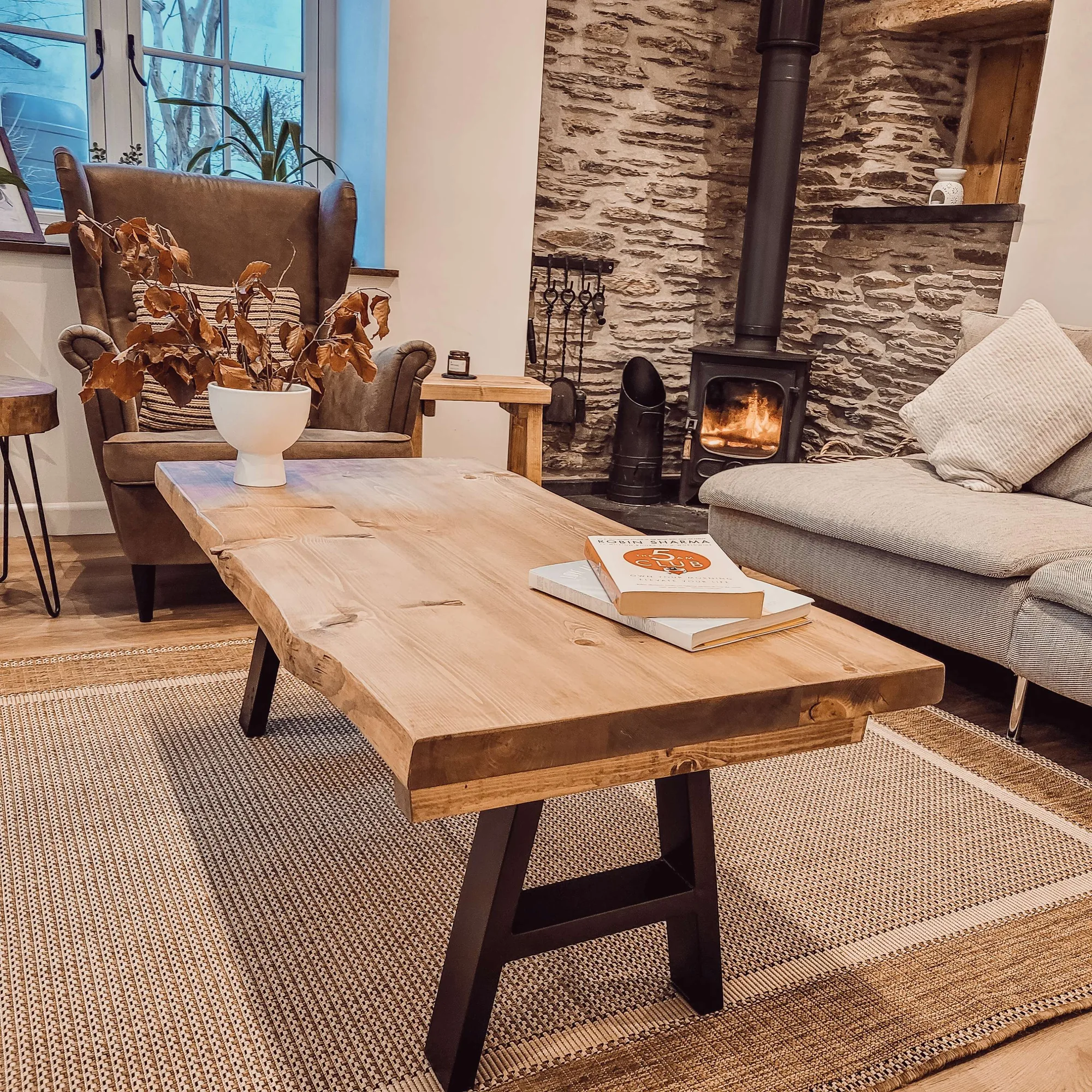 VELA Live / Waney Edge Coffee Table With Metal A Frame Legs