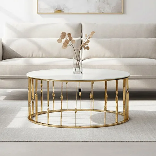 White Tempered Glass Top Round Coffee Table With Gold Stainless Steel Frame, Arezzo