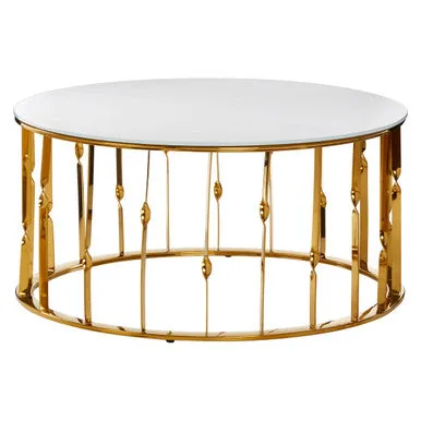 White Tempered Glass Top Round Coffee Table With Gold Stainless Steel Frame, Arezzo