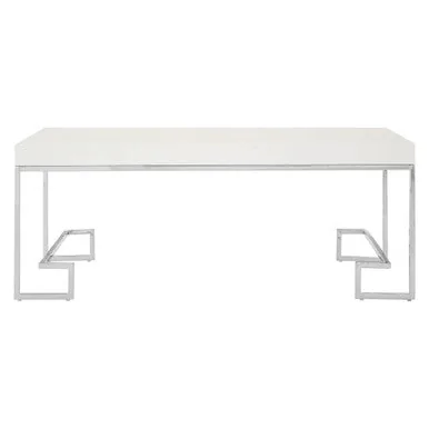 White High Gloss Wood Top Coffee Table With Silver Chrome Angled Stainless Steel Leg, Allure