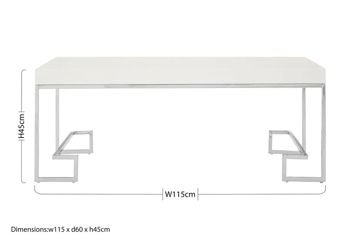 White High Gloss Wood Top Coffee Table With Silver Chrome Angled Stainless Steel Leg, Allure