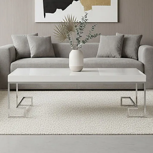 White High Gloss Wood Top Coffee Table With Silver Chrome Angled Stainless Steel Leg, Allure