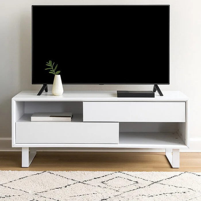 White High Gloss Coffee Table With 2 Drawers, 2 Open Shelves & White Metal Legs, Moritz