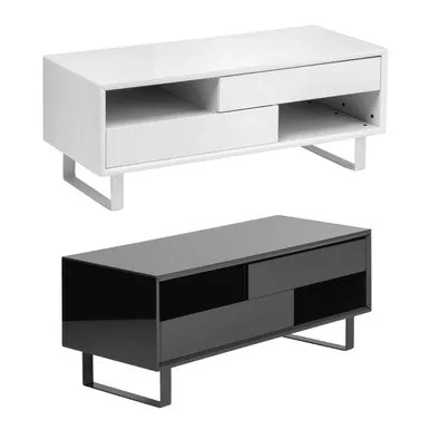 White High Gloss Coffee Table With 2 Drawers, 2 Open Shelves & White Metal Legs, Moritz