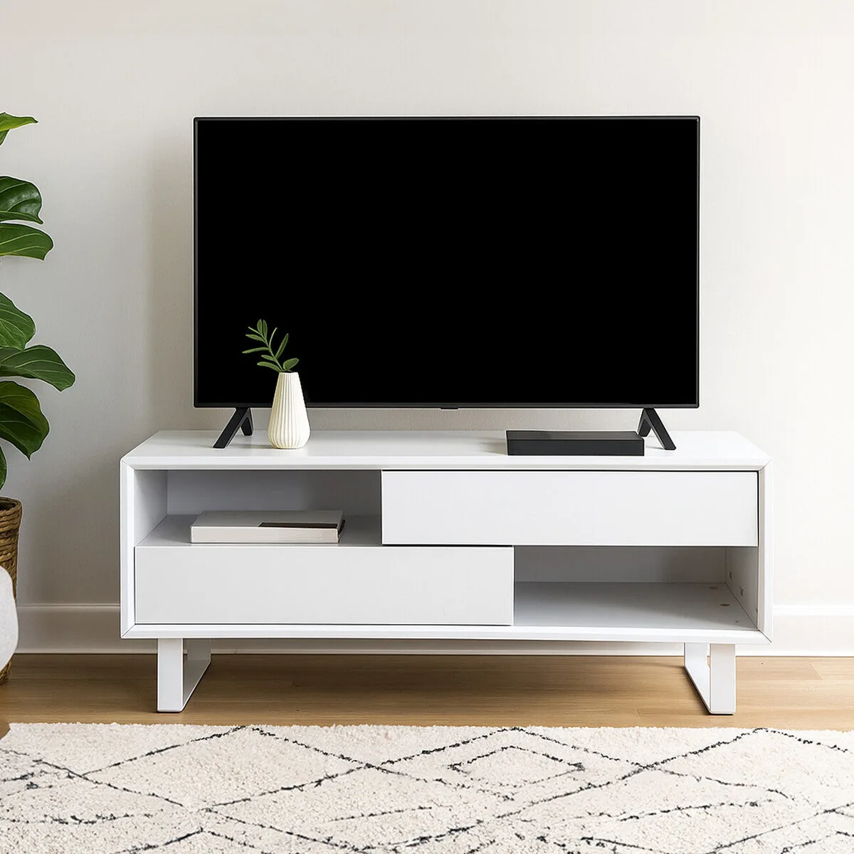 White High Gloss Coffee Table With 2 Drawers, 2 Open Shelves & White Metal Legs, Moritz